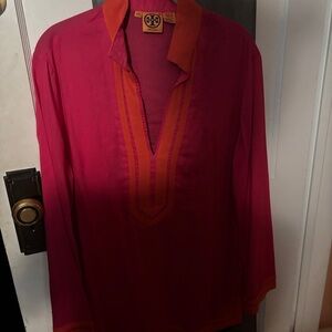 Tory Burch Red Tunic with Relaxed Style and Mandarin Collar